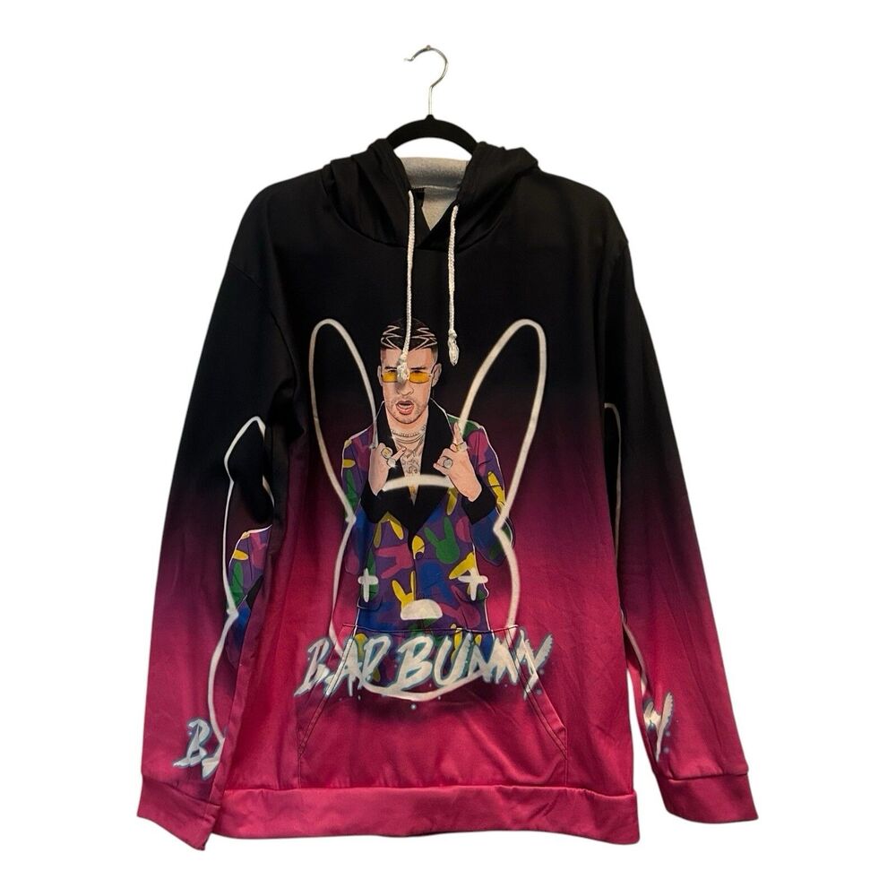 Bad Bunny Hoodie Sweatshirt Airbrush Pink Black Men’s 3XL Fleece Lined READ